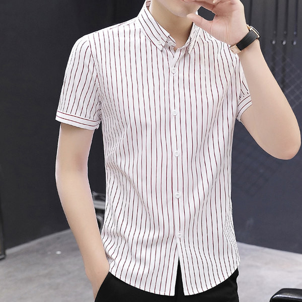 Мъжка раирана риза с копчета и къси ръкави