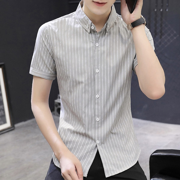 Мъжка раирана риза с копчета и къси ръкави