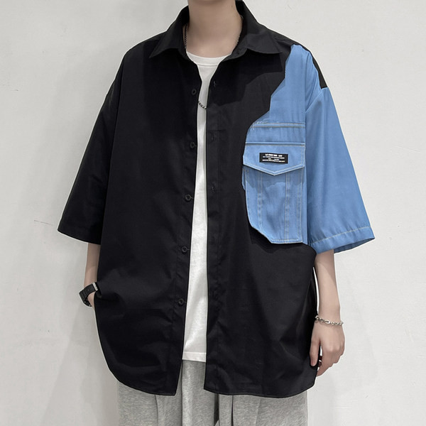 Vyriški laisvalaikio marškiniai su džinsinio audinio gabalėliu ir 3/4 rankovėmis