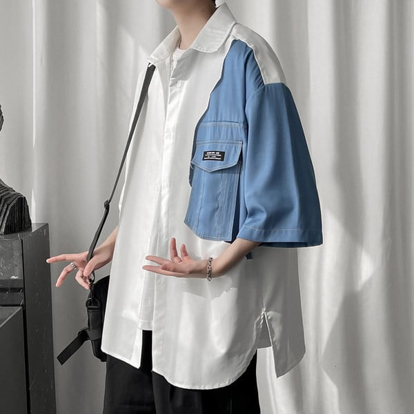 Vyriški laisvalaikio marškiniai su džinsinio audinio gabalėliu ir 3/4 rankovėmis