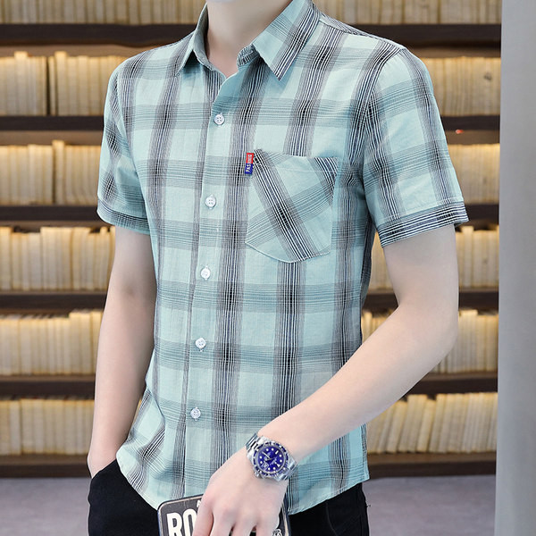 Мъжка карирана риза с джоб и класическа яка 