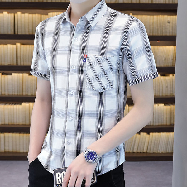 Мъжка карирана риза с джоб и класическа яка 