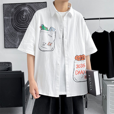 Мъжка лятна памучна риза с апликации и класическа яка