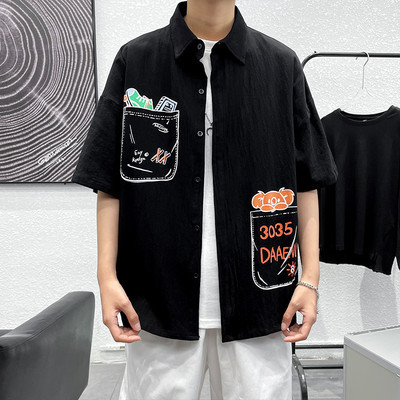 Мъжка лятна памучна риза с апликации и класическа яка 