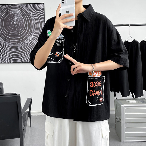 Мъжка лятна памучна риза с апликации и класическа яка 