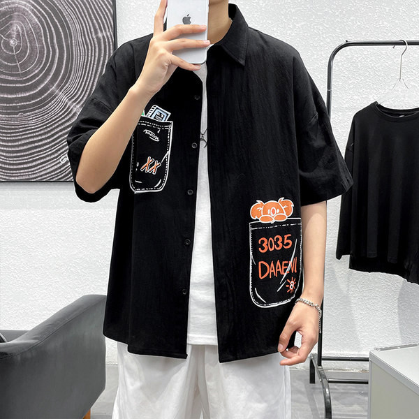 Мъжка лятна памучна риза с апликации и класическа яка 