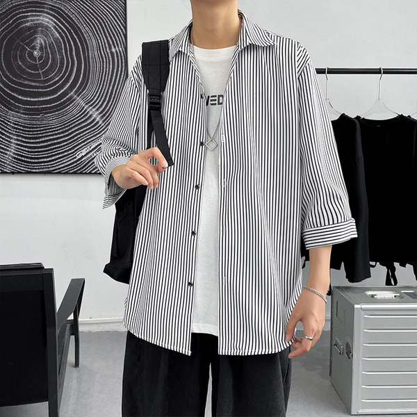 Мъжка лятна риза с 3/4 ръкав на райе 