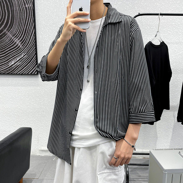 Мъжка лятна риза с 3/4 ръкав на райе 