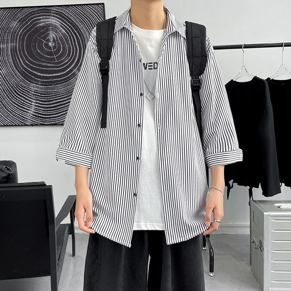 Мъжка лятна риза с 3/4 ръкав на райе 