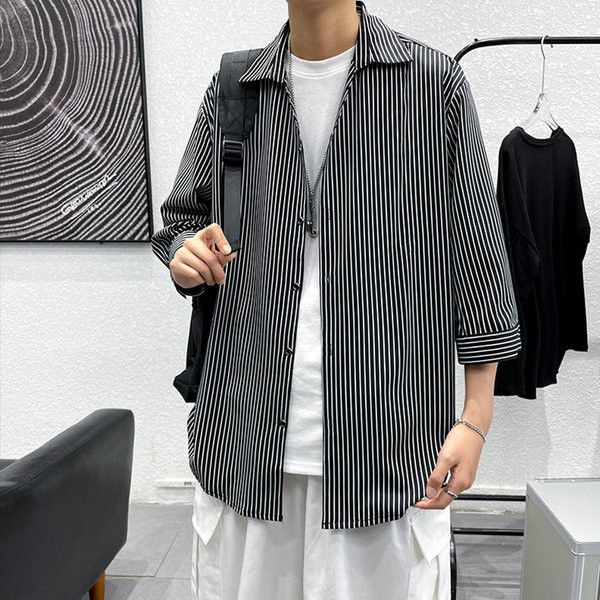 Мъжка лятна риза с 3/4 ръкав на райе 