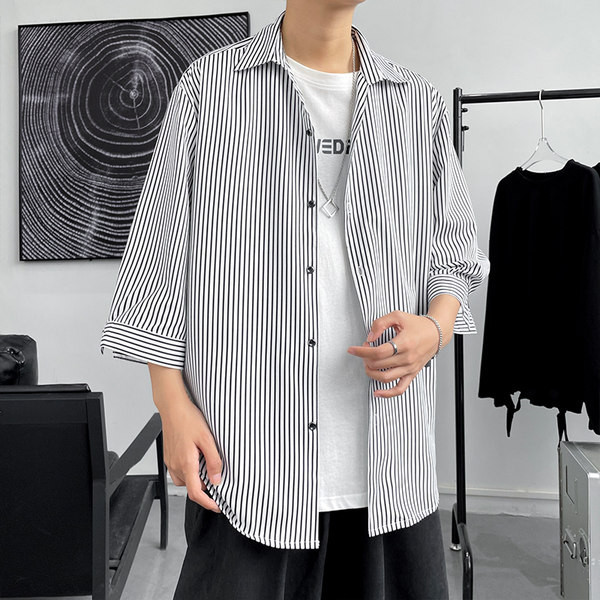 Мъжка лятна риза с 3/4 ръкав на райе 