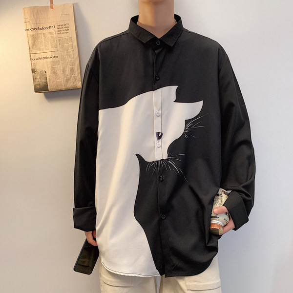 Мъжка ежедневна риза с  дълъг ръкав и апликация котка 