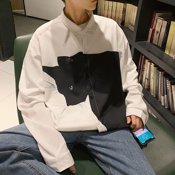 Мъжка ежедневна риза с  дълъг ръкав и апликация котка 