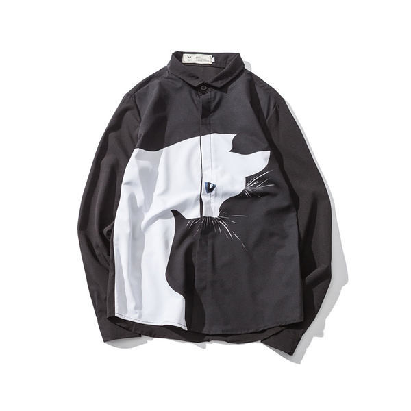 Мъжка ежедневна риза с  дълъг ръкав и апликация котка 