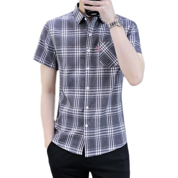 Модерна мъжка вталена риза с джоб и къс ръкав