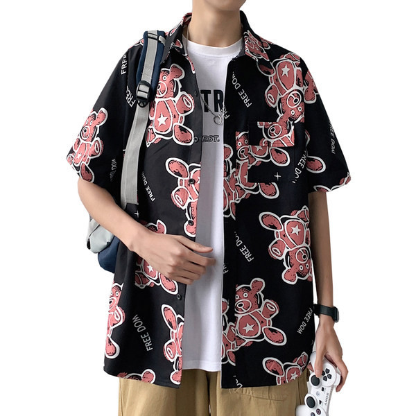 Мъжка риза с къс ръкав и апликация -свободен модел