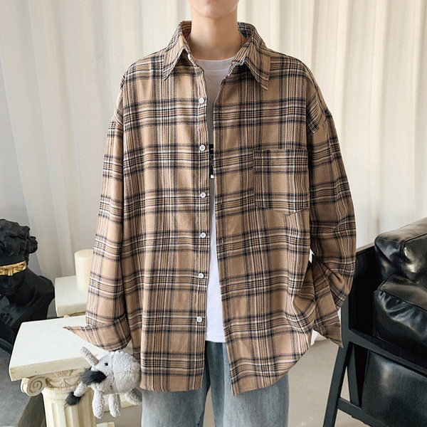 Широка карирана риза за мъже с дълъг ръкав