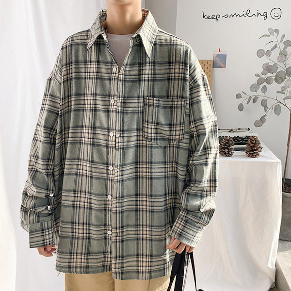 Широка карирана риза за мъже с дълъг ръкав