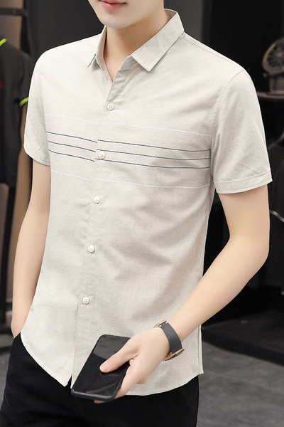 Актуална риза с къс ръкав и копчета-Slim модел