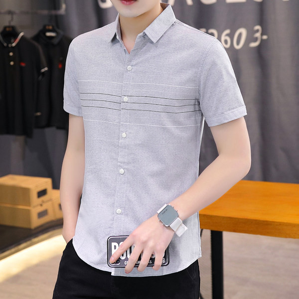 Актуална риза с къс ръкав и копчета-Slim модел