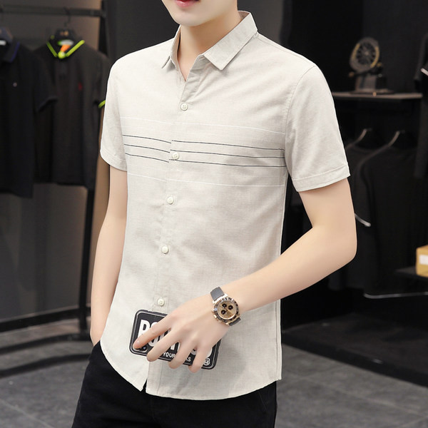 Актуална риза с къс ръкав и копчета-Slim модел