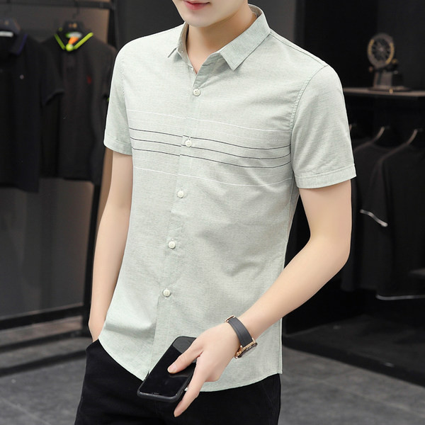 Актуална риза с къс ръкав и копчета-Slim модел