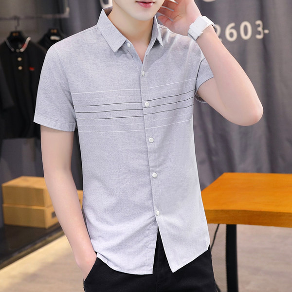 Актуална риза с къс ръкав и копчета-Slim модел