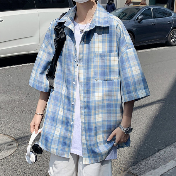 Мъжка карирана риза с къс ръкав и класическа яка 