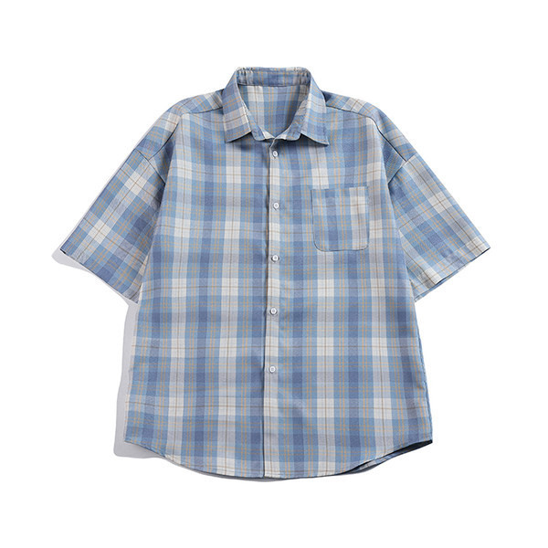 Мъжка карирана риза с къс ръкав и класическа яка 