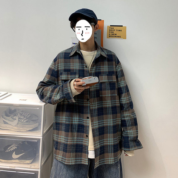 Широка карирана риза с джобове за мъже