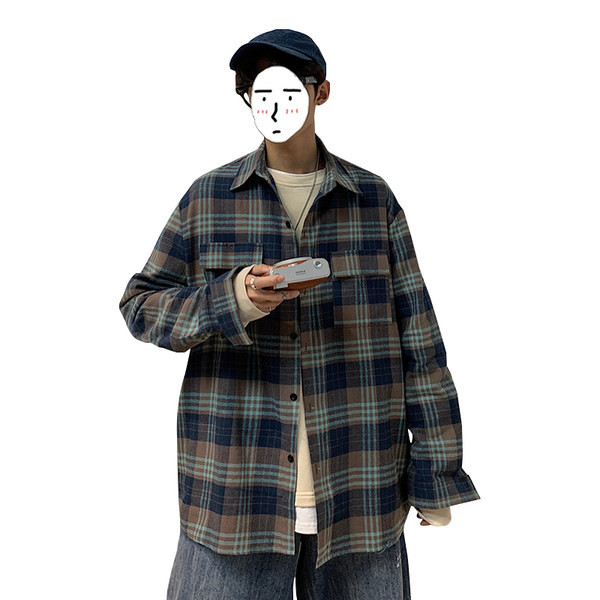 Широка карирана риза с джобове за мъже