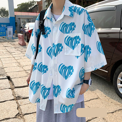 Мъжка лятна риза със щампа сърце и 3/4 ръкав 