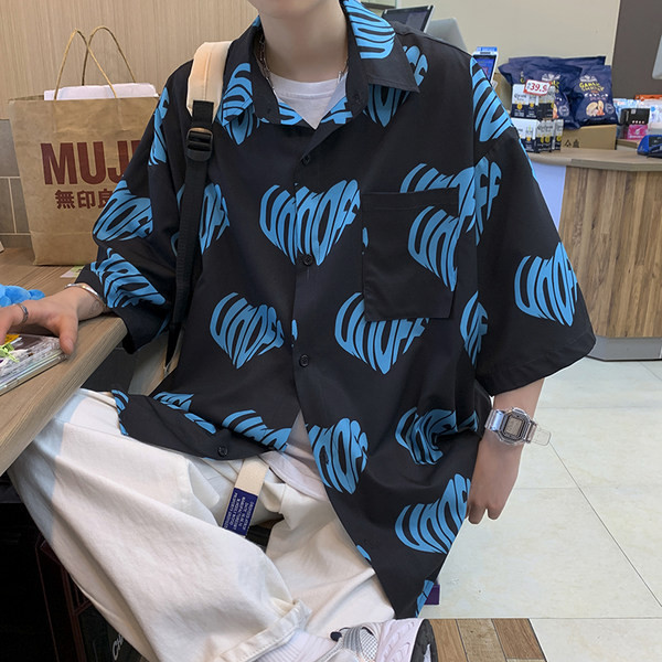 Мъжка лятна риза със щампа сърце и 3/4 ръкав 