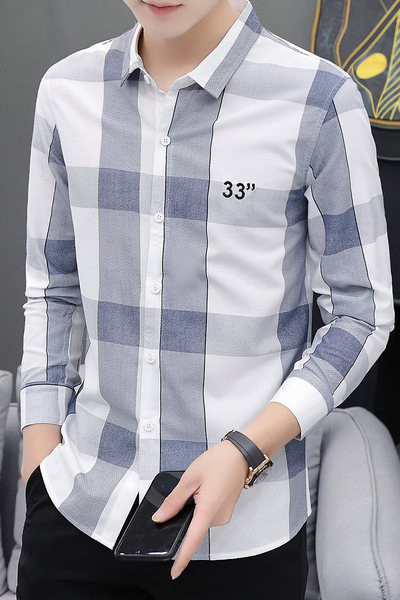 Модерна мъжка карирана риза с дълги ръкави