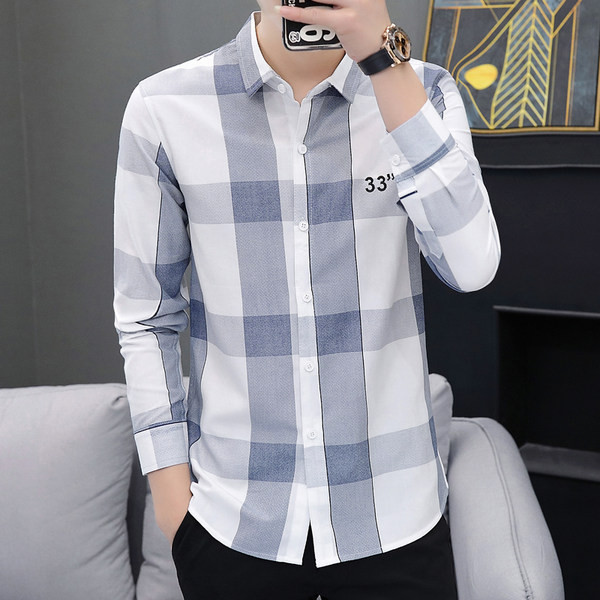 Модерна мъжка карирана риза с дълги ръкави