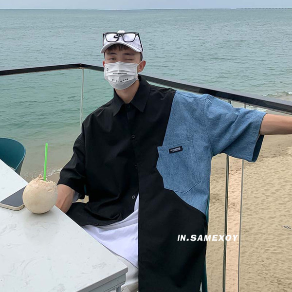 Ежедневна мъжка риза с къс ръкав и части от деним