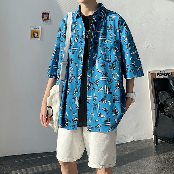 Лятна риза с къс ръкав в син цвят с щампа