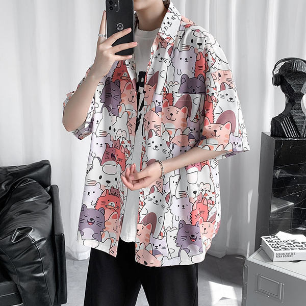 Лятна мъжка риза с къс ръкав и цветна щампа