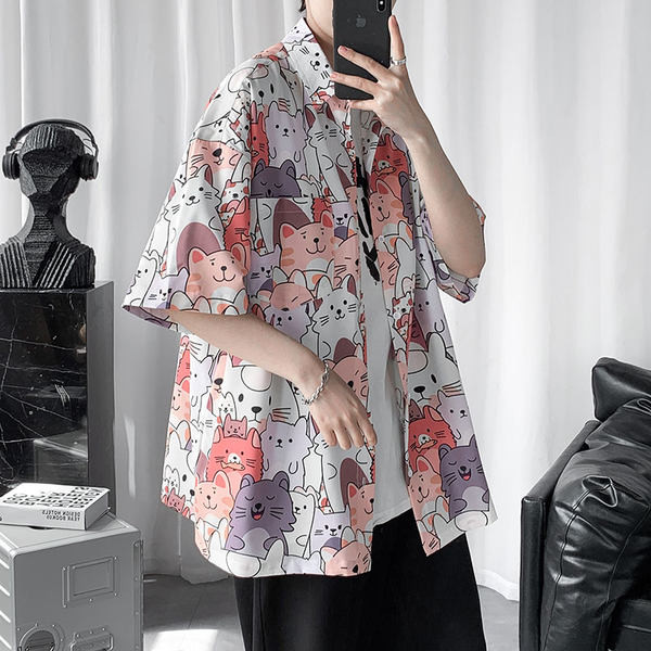 Лятна мъжка риза с къс ръкав и цветна щампа