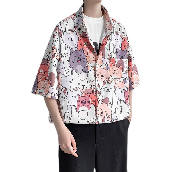 Лятна мъжка риза с къс ръкав и цветна щампа