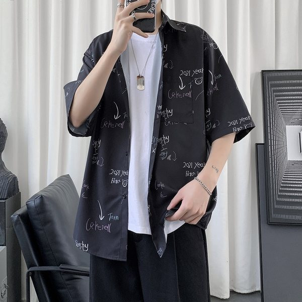 Широка лятна риза с къс ръкав и щампа