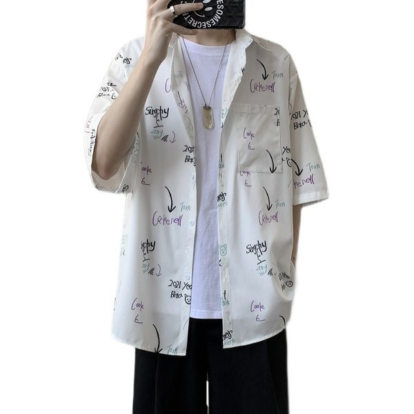 Широка лятна риза с къс ръкав и щампа