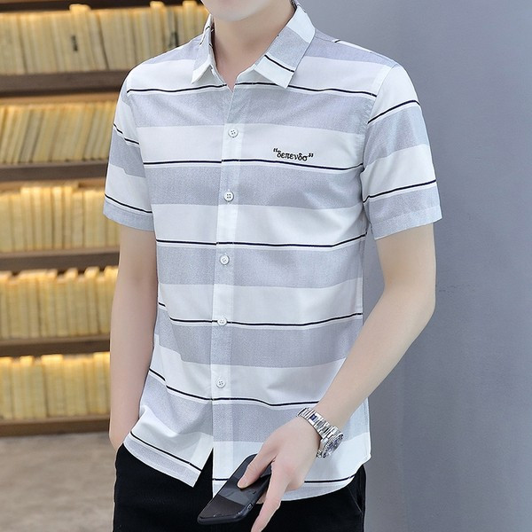 Мъжка раирана риза с надпис и къс ръкав