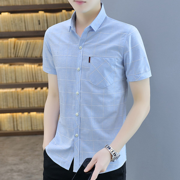 Модерна карирана риза с джоб и къси ръкави