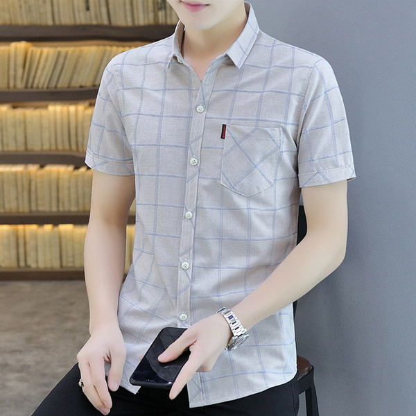 Модерна карирана риза с джоб и къси ръкави