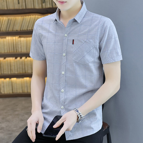 Модерна карирана риза с джоб и къси ръкави