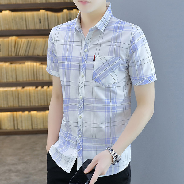 Карирана мъжка риза с джоб и къс ръкав-в два цвята
