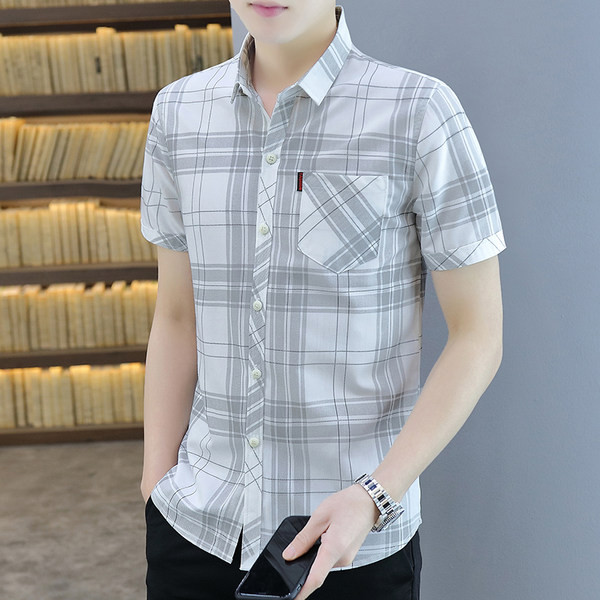Карирана мъжка риза с джоб и къс ръкав-в два цвята