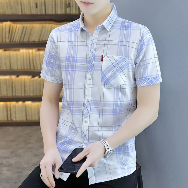 Карирана мъжка риза с джоб и къс ръкав-в два цвята