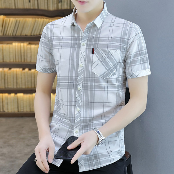 Карирана мъжка риза с джоб и къс ръкав-в два цвята